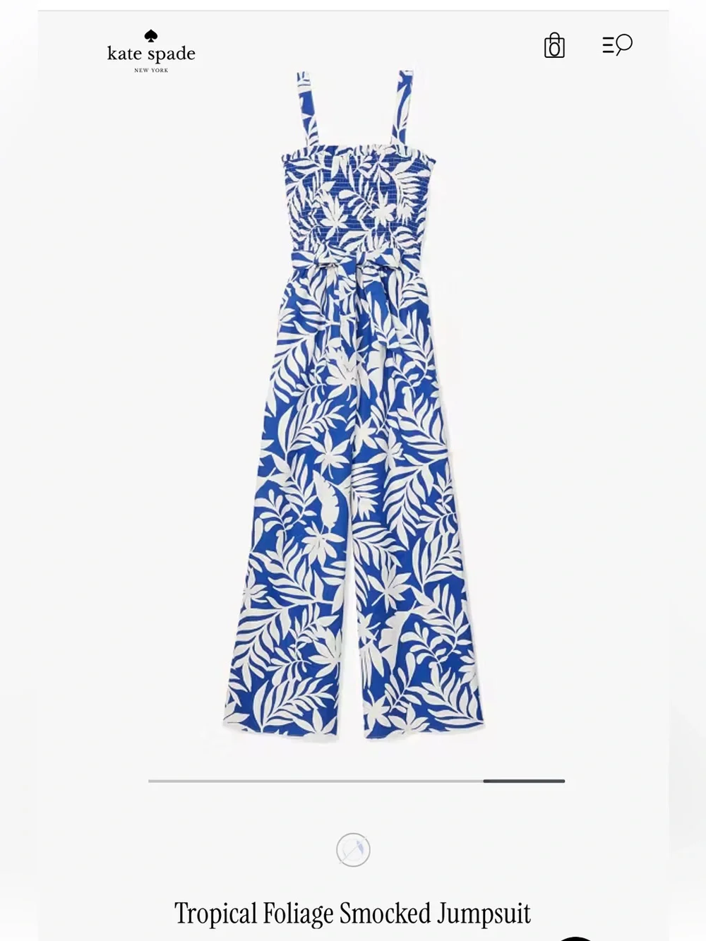 NWOT kate spade Blue & White Tropical Foliage Smocked Jumpsuit Wide-Leg Crop